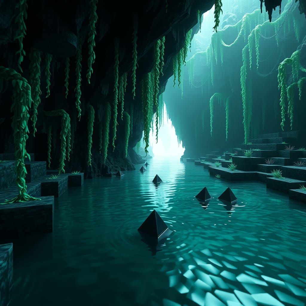 Dark Teal Cave in a Minecraft Aesthetic