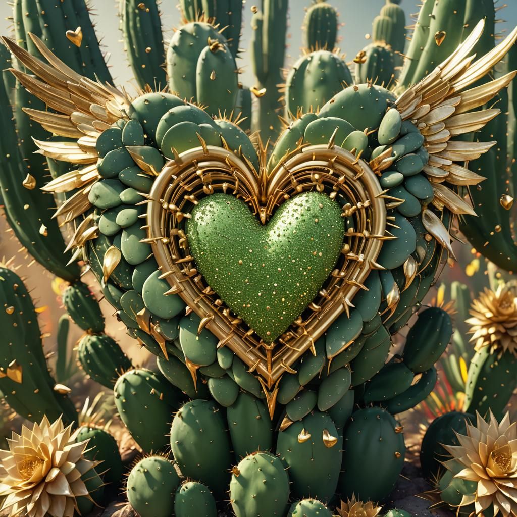 Cactus Heart with Golden Wings: Hyperrealistic Digital Art