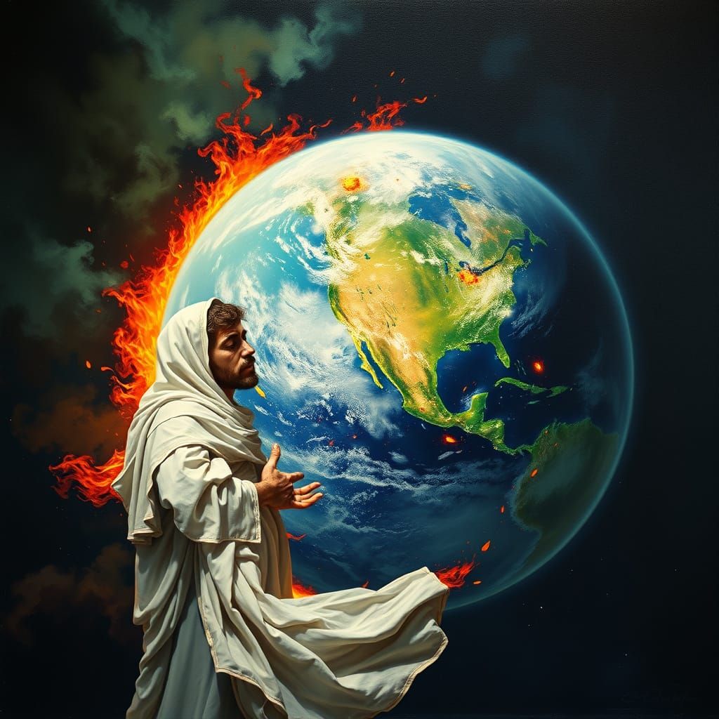 Earth Ablaze: A Deity's Lament in Oil Paint