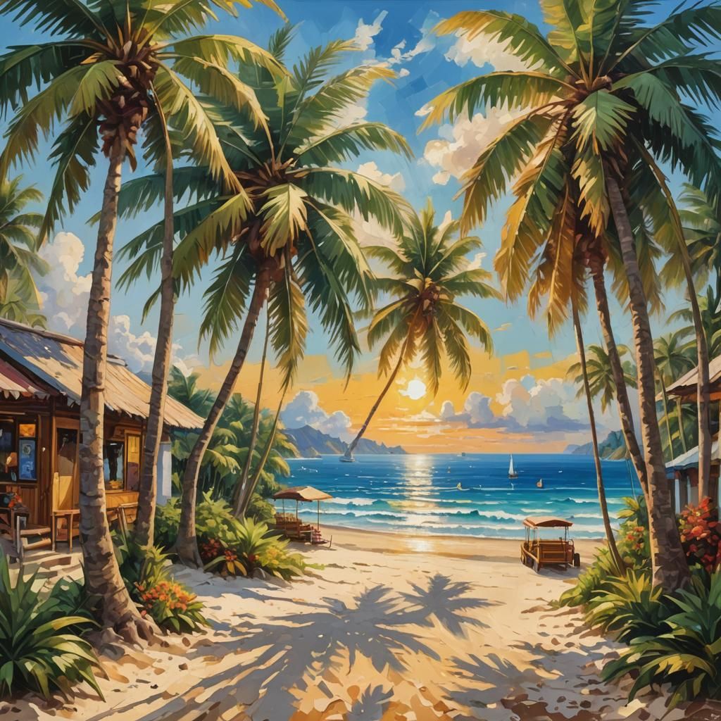Tropical Beach Scene in Neo-Impressionist Style