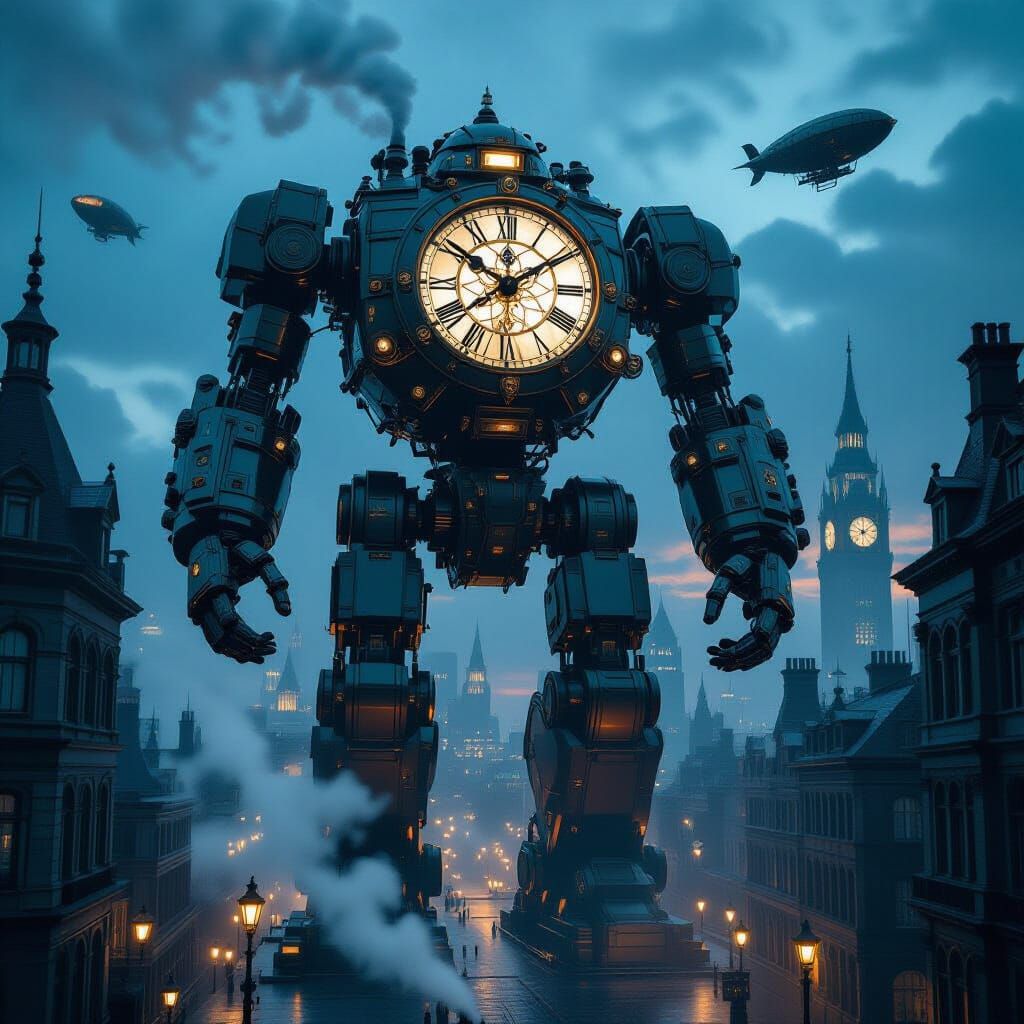 Clockwork Golem Guards Victorian Metropolis in Twilight