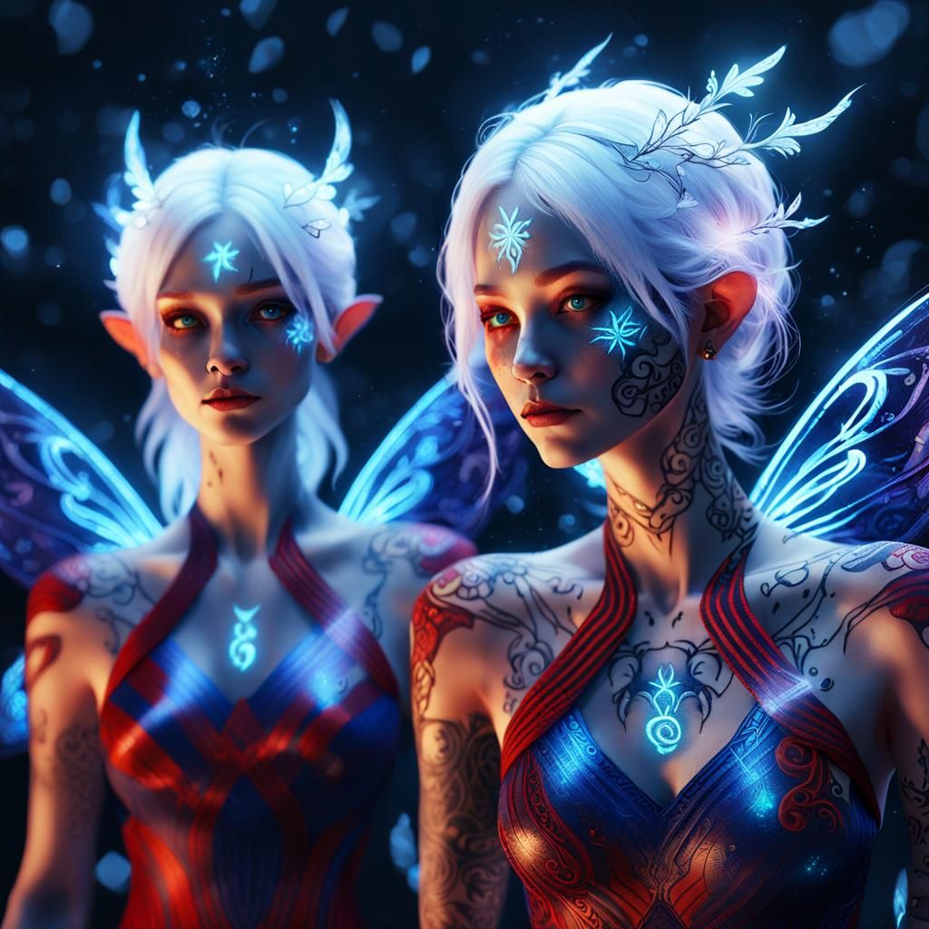 Mystical White-Haired Fairies with Bioluminescent Tattoos