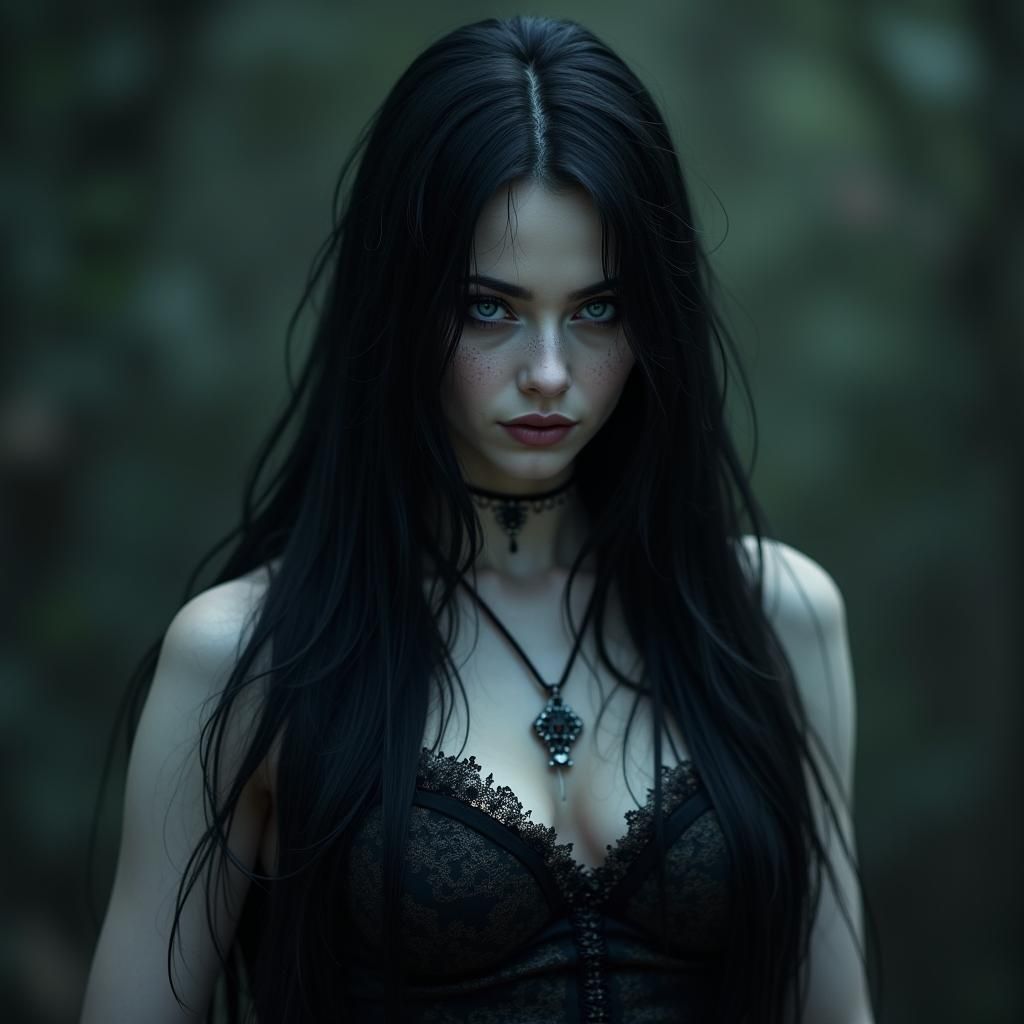 Dark Goddess in Elegant Low Cut Dress