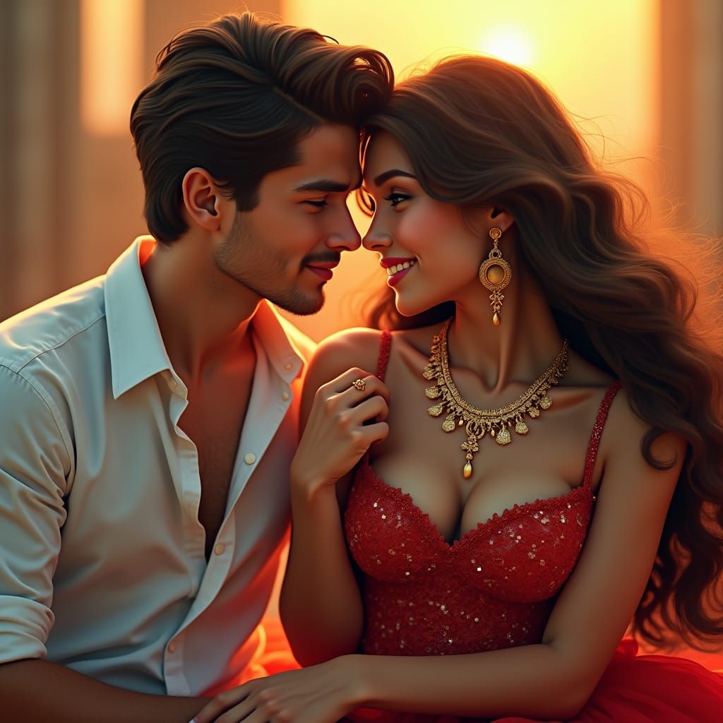 Affectionate Couple in Art Nouveau Comic Style