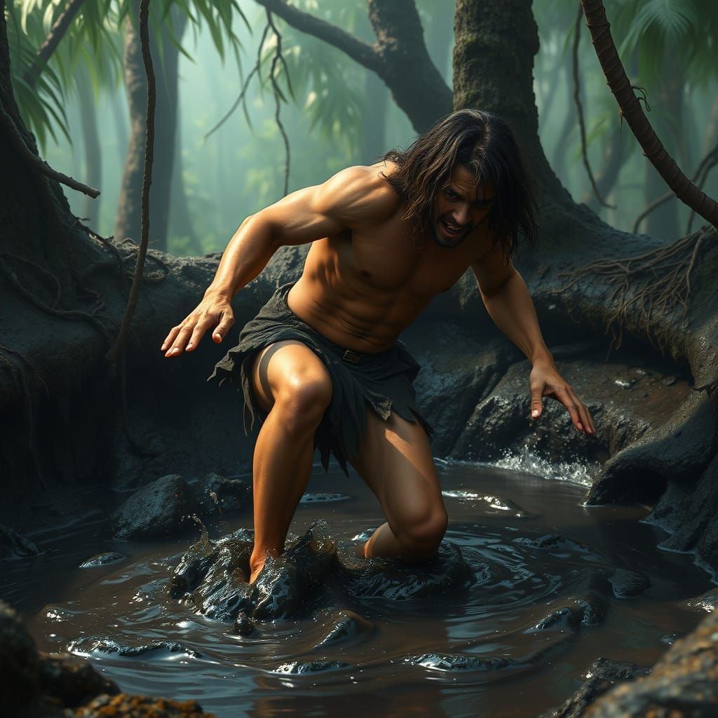 Tarzan Struggles to Escape Tar Pit in the Jungle