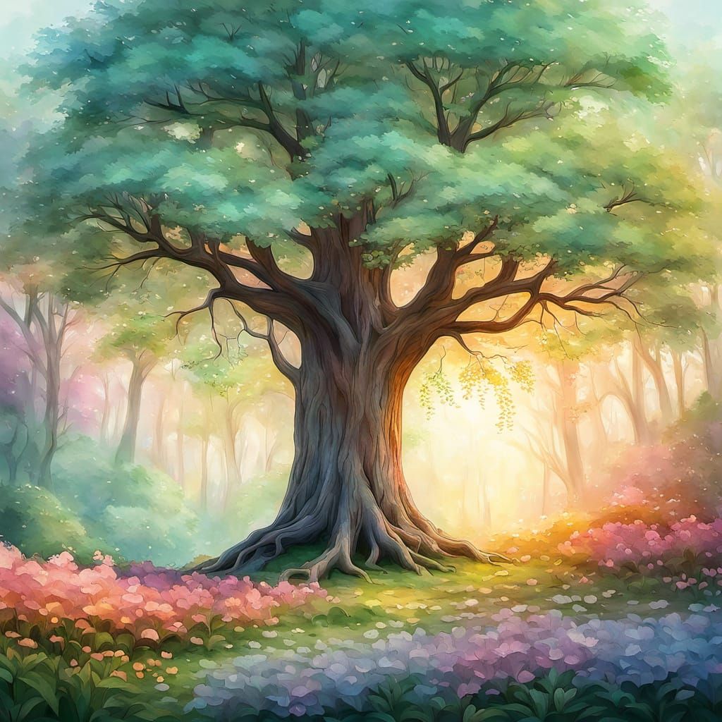 Whimsical Dream Forest with Vibrant Apple and Wildflowers