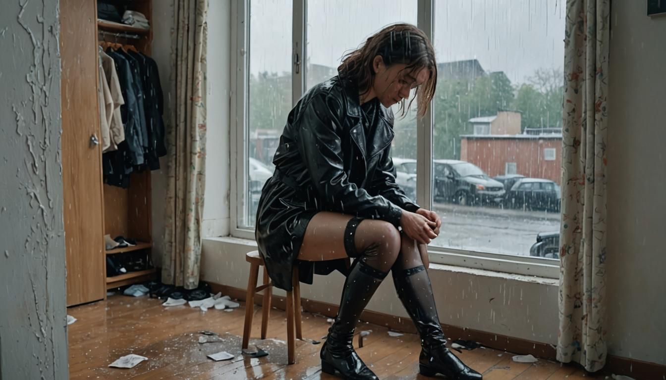 Sad Woman in Dressing Room, Rain Outside