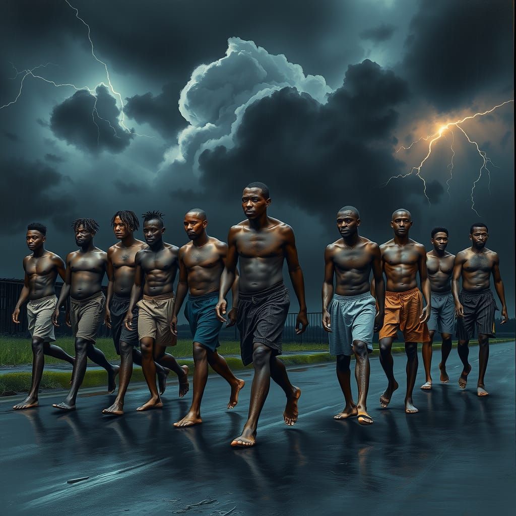 Ten Men Walking Under Stormy Sky: Dramatic Photo