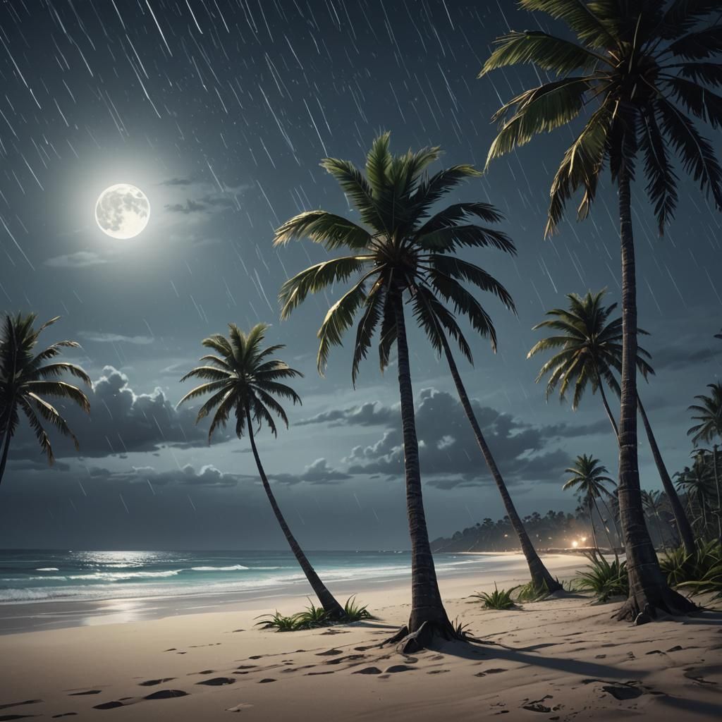 Moonlit Beach Palms in Anime Style