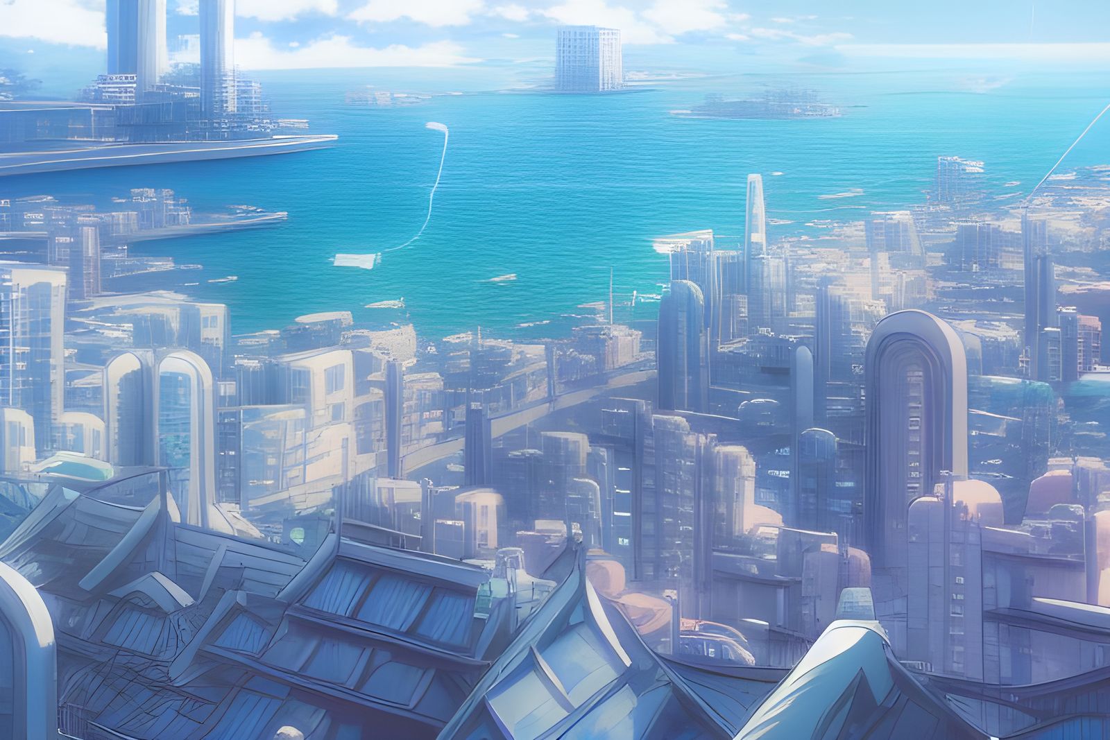 Anime Cityscape by the Sea in Miyazaki Style