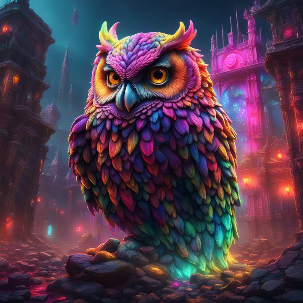 Neon Owl Head in Detailed Matte Painting