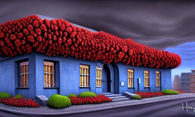 Police Station Covered in Roses, Detailed Painting