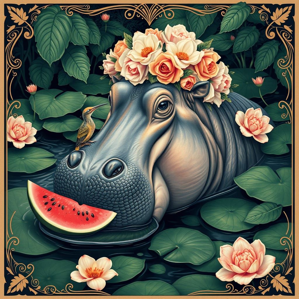 Whimsical Hippo with Watermelon in Art Nouveau Style