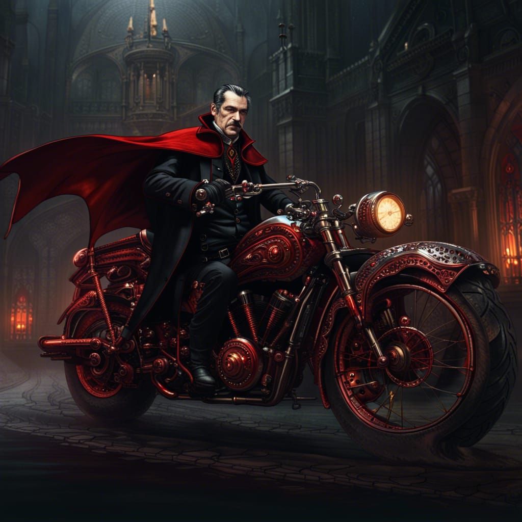 Dracula Rides Steampunk Motorcycle: Dark Fantasy Art