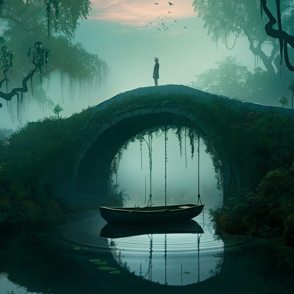 Misty Lake Scene with Stone Bridge: Impressionistic Landscap...