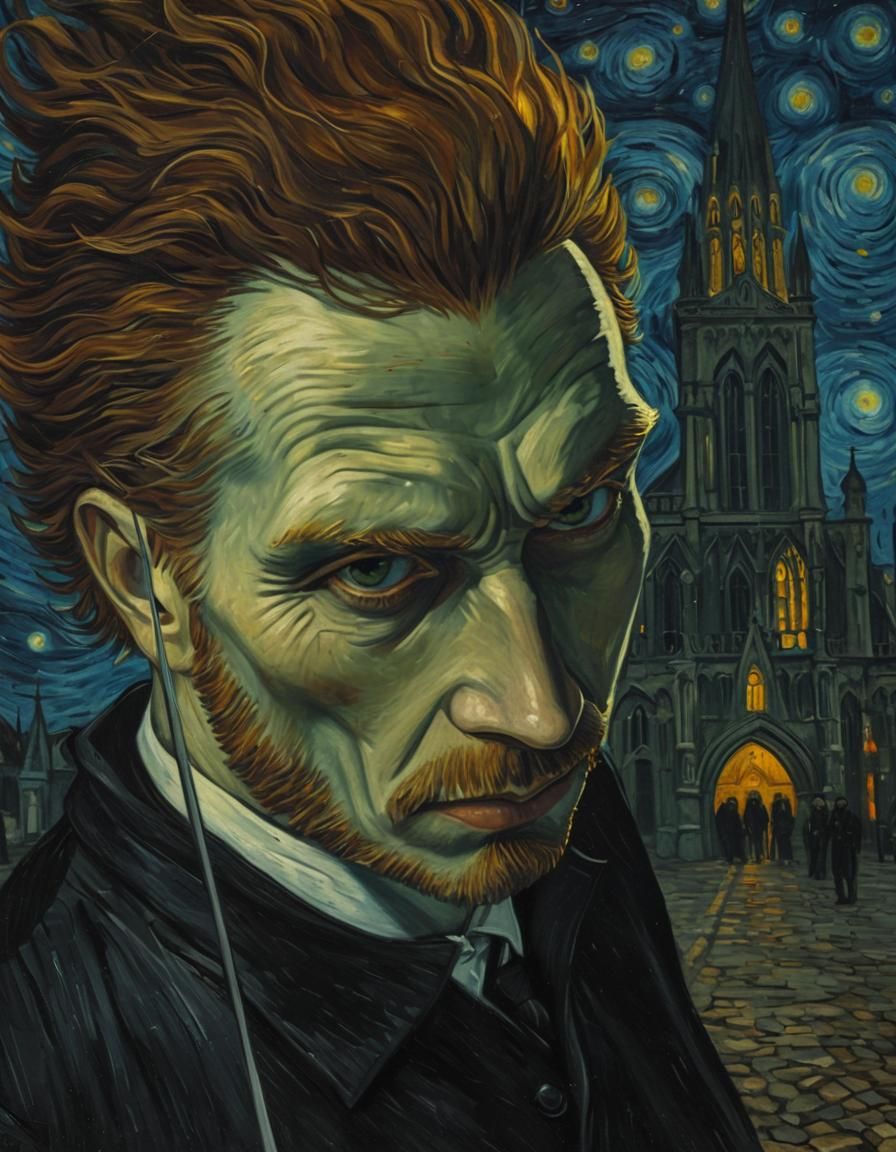 Gothic Vampire with Sword in Starry Night Style