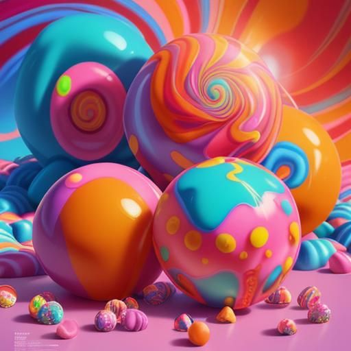 Fiery Candy Orbs in Hyperrealistic Digital Illustration