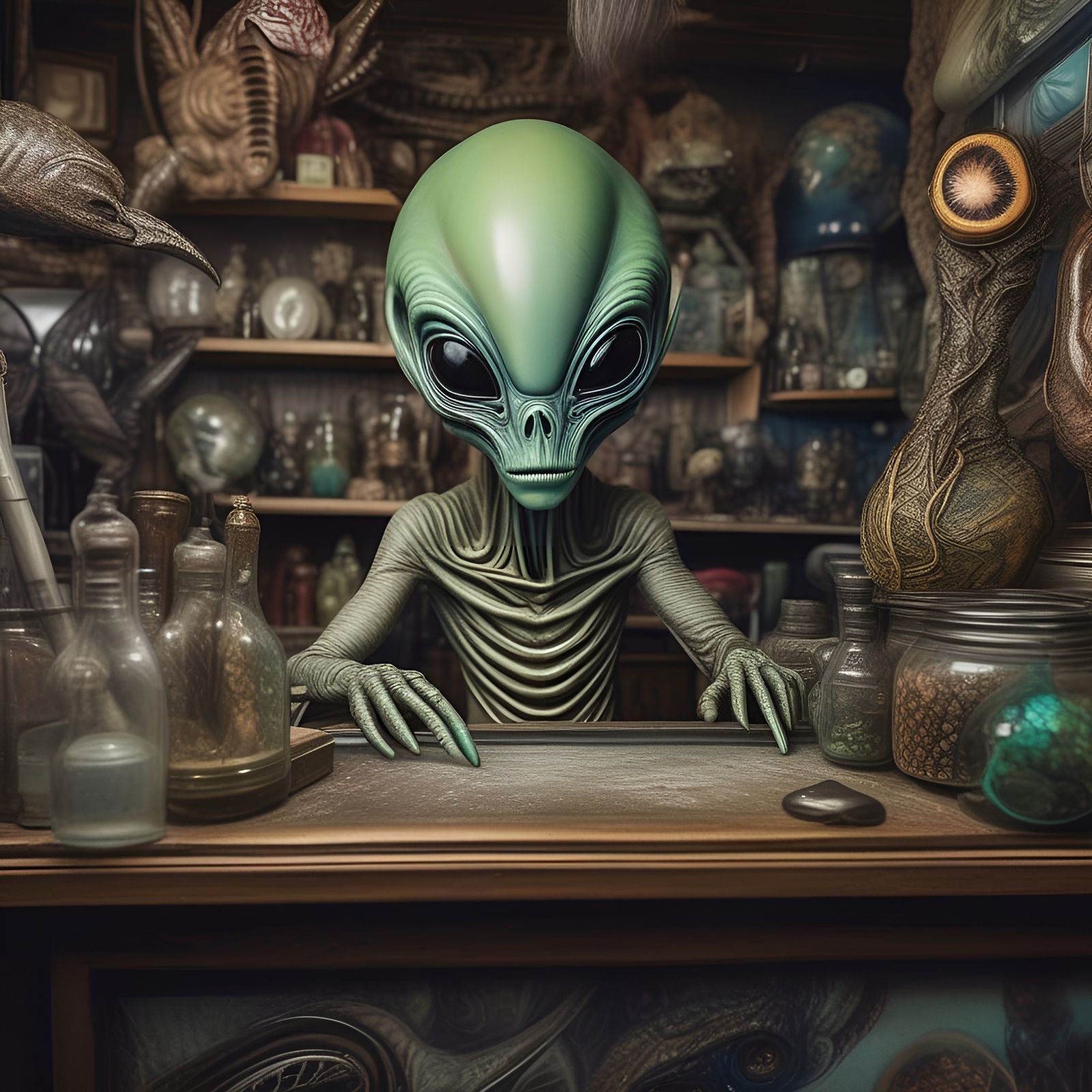 Hyperrealistic Alien in an Antique Store