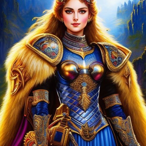 Girl Knight on Lion: Ornate Digital Art