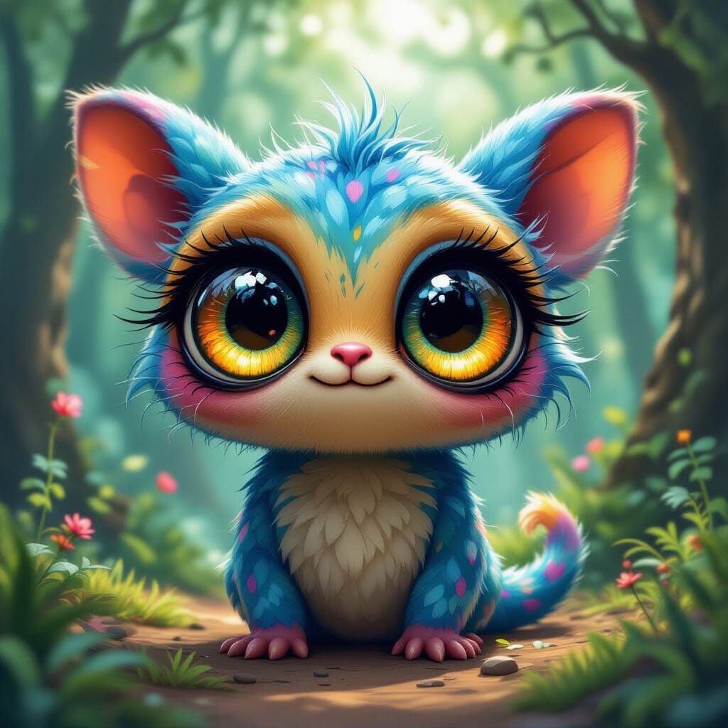 Cute Anthropomorphic Fantasy Creature in Enchanted Forest