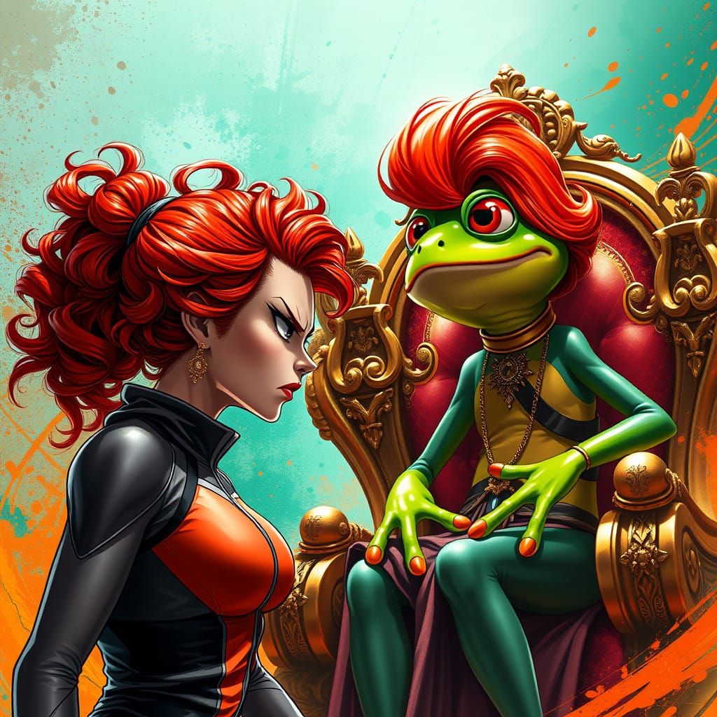 Angry Redhead Confronts Regal Frog in High-Tech Setting