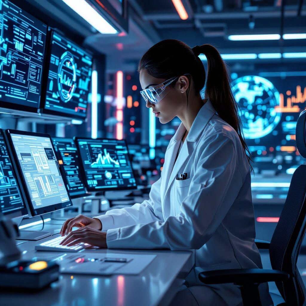 Futuristic Data Scientist Optimizing AI Pipelines