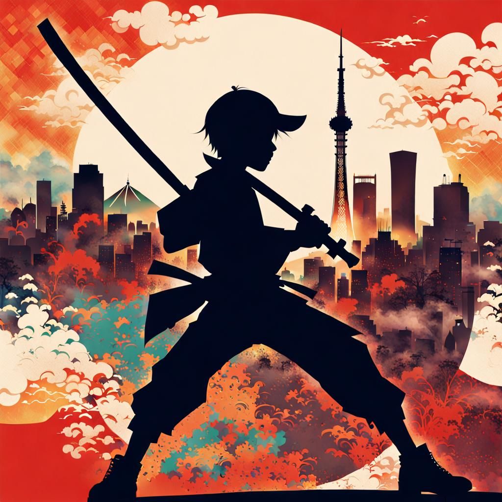 Mesmerizing Double Exposure: City Meets Katana Duel