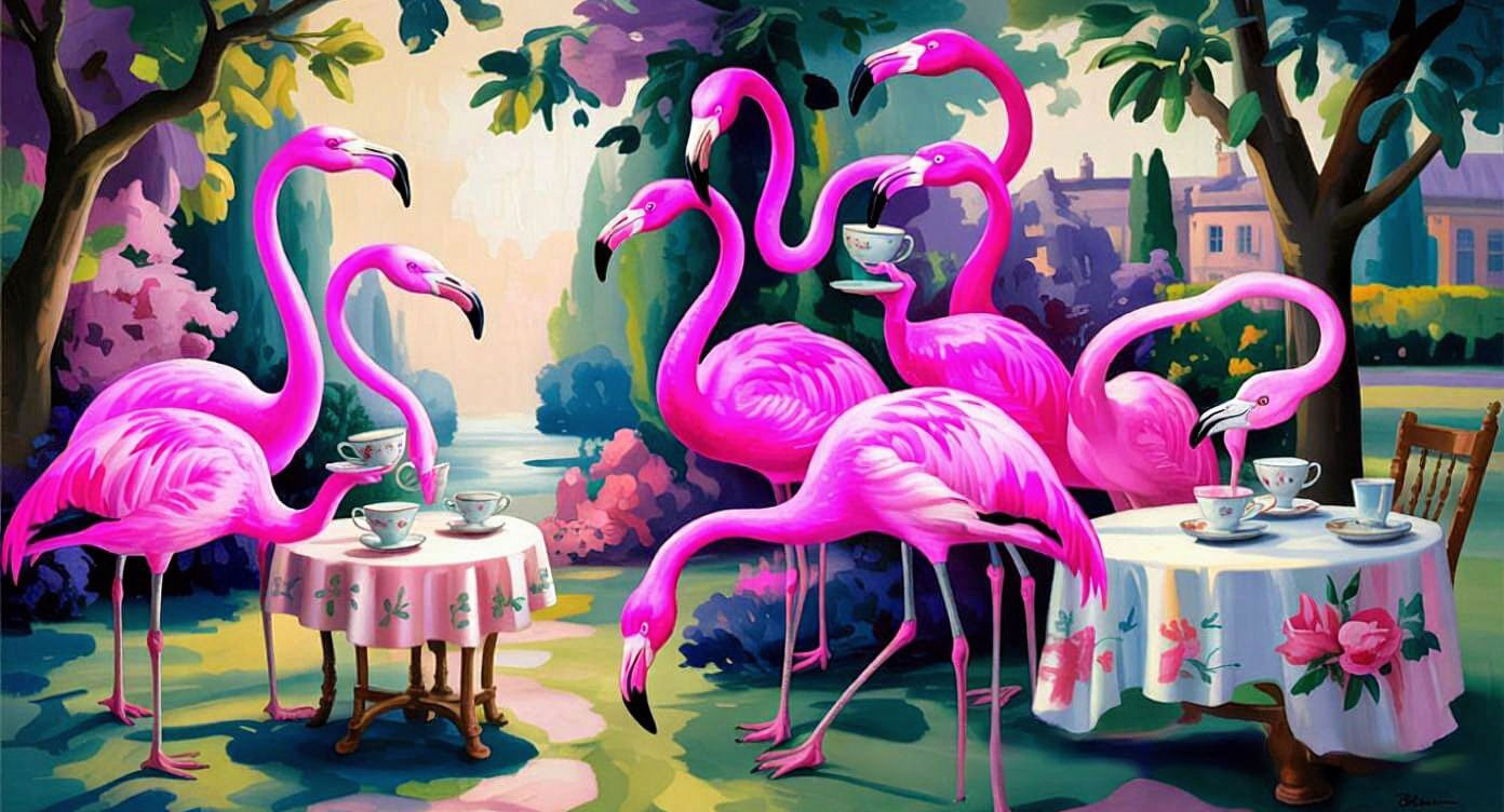Flamingos' Garden Tea Party in Fauvist Oil Painting