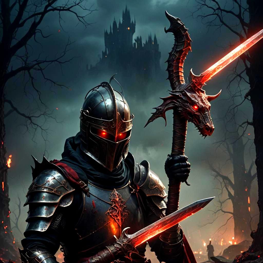 Night Knight with Serpent Sword, Detailed Fantasy Art