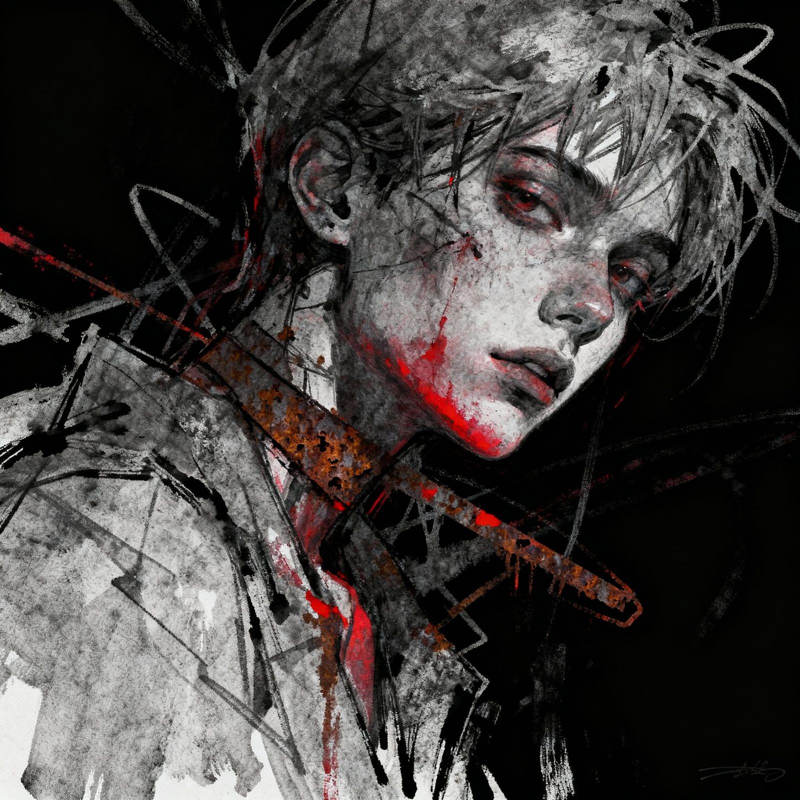 Edgy Charcoal and Ink Art with Red Accents