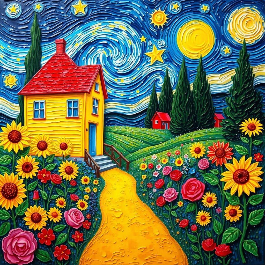 Vibrant Impasto Painting of Whimsical Scene with Yellow Hous...