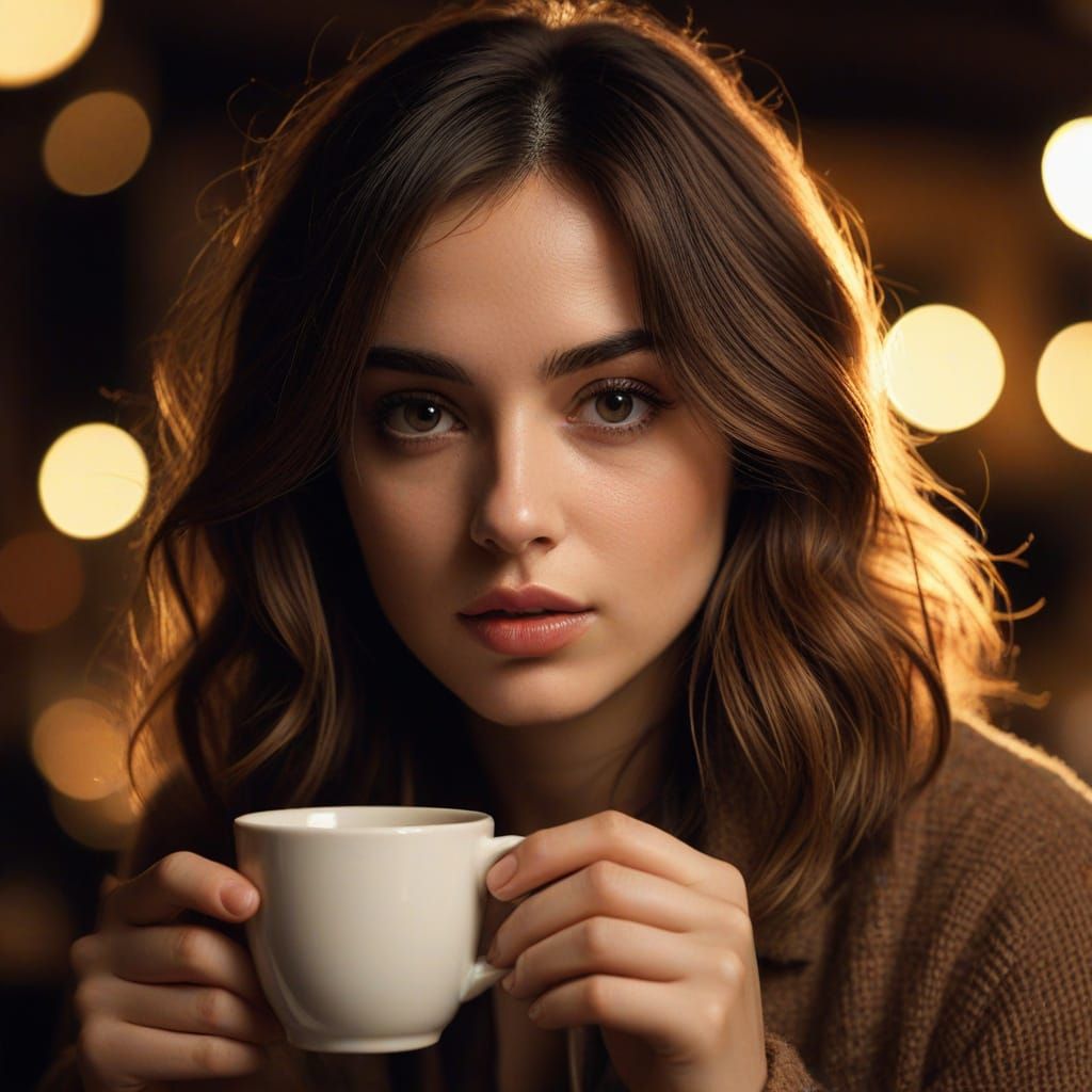 Cinematic Ana de Armas Savoring Coffee in a Smoky Café