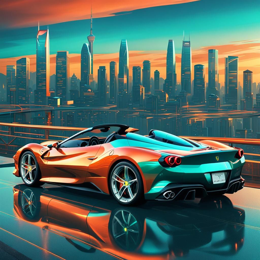 Futuristic Ferrari Sports Car in Neon Seoul