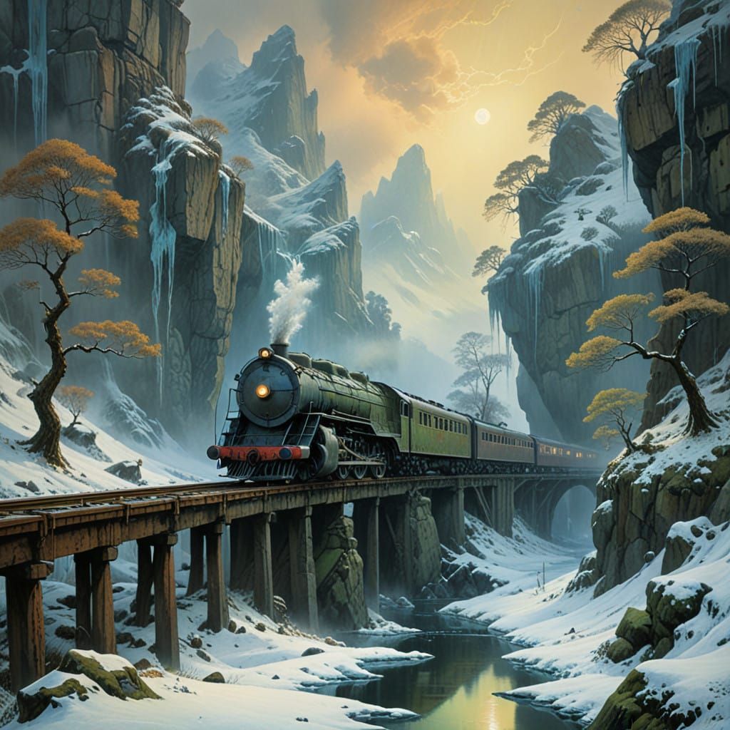 Rustic Vintage Locomotive Amidst Winter Wonderland