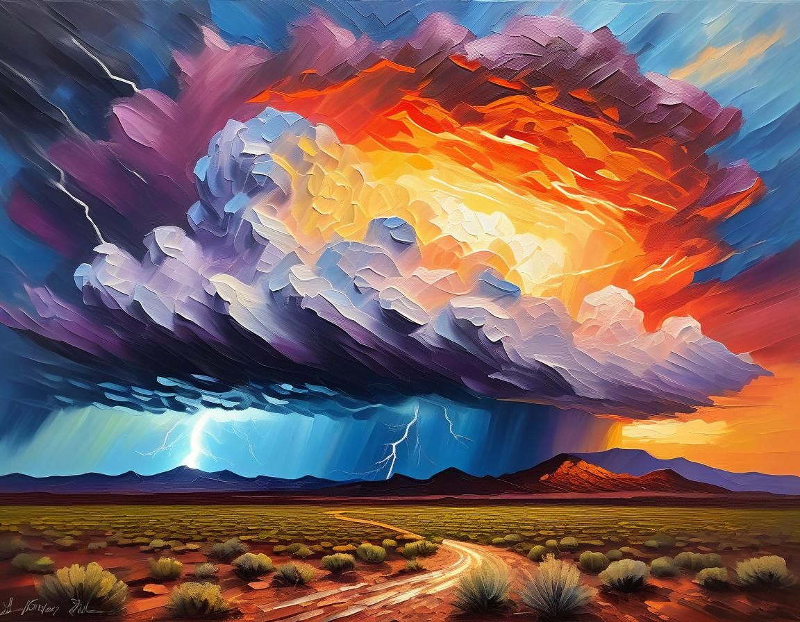 Desert Thunderstorm: An Impasto Painting at Sunset