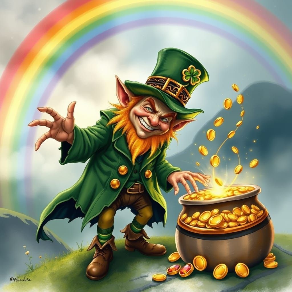Mischievous Leprechaun at Rainbow's End Seeks Golden Treasur...