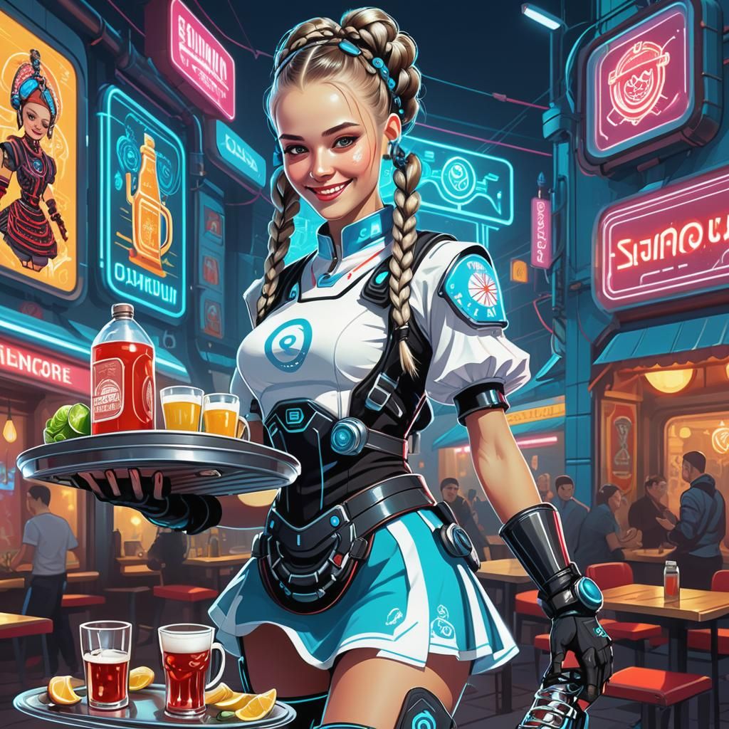 Cybernetic Waitress with Samovar in Retro Superhero Style