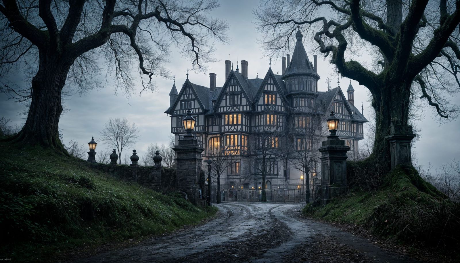 Eerie Tudor Manor on a Hill: Photorealistic 8K