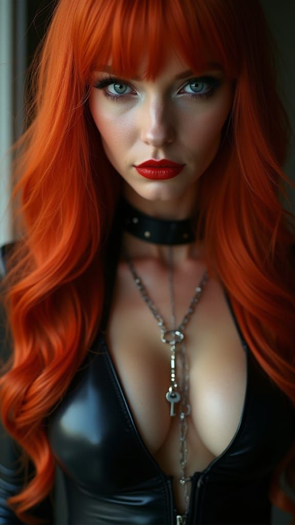 Red-Haired Woman in Edgy Black Latex Outfit