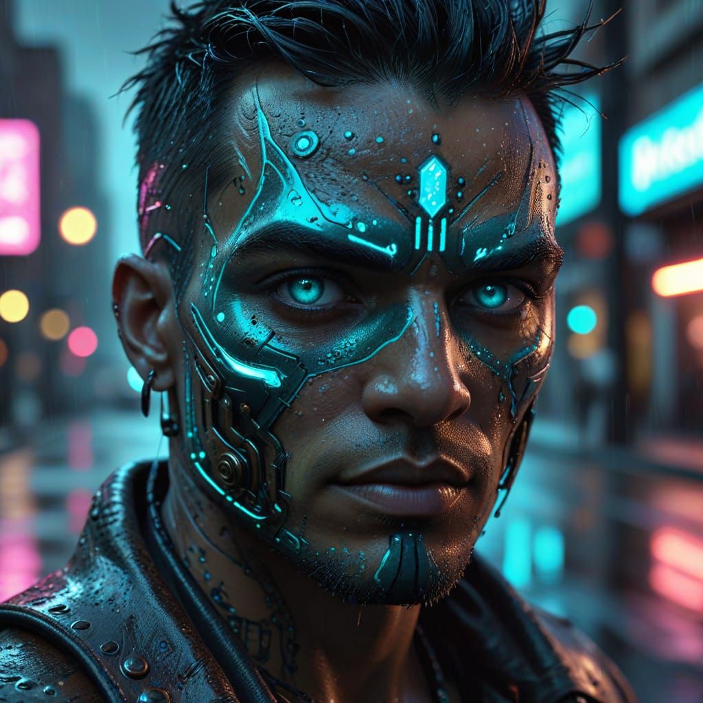 Cyberpunk Warrior with Cybernetic Eye in Neon Rain