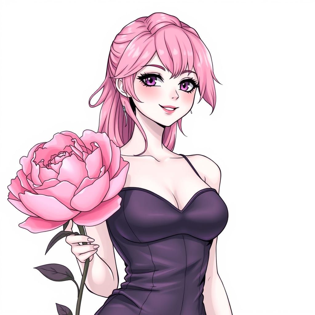 Pink Haired Goddess in a Leather Gown, Adorned with a Peony ...