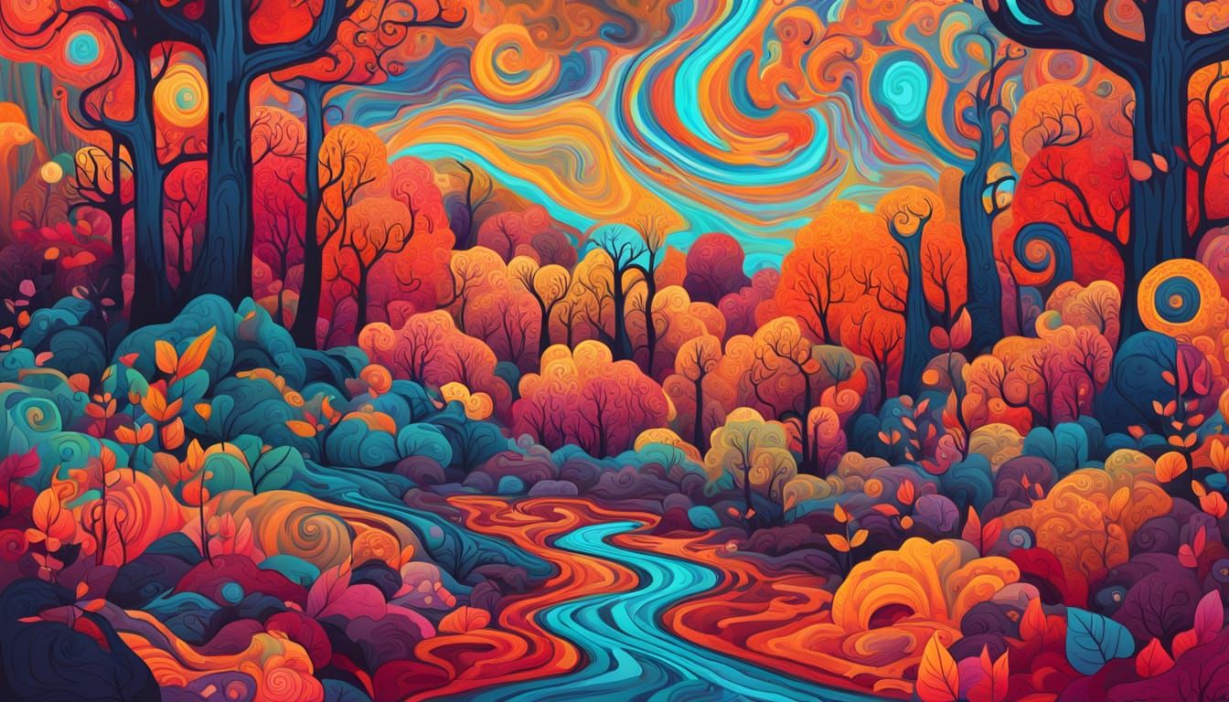 Psychedelic Autumn Forest Landscape in Vibrant Colors