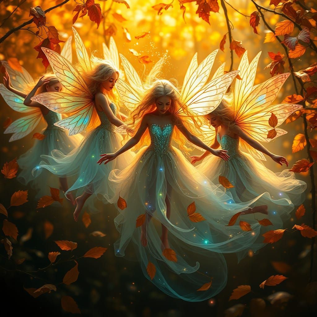 Whimsical Bioluminescent Fairies Dance in Autumnal Leaves