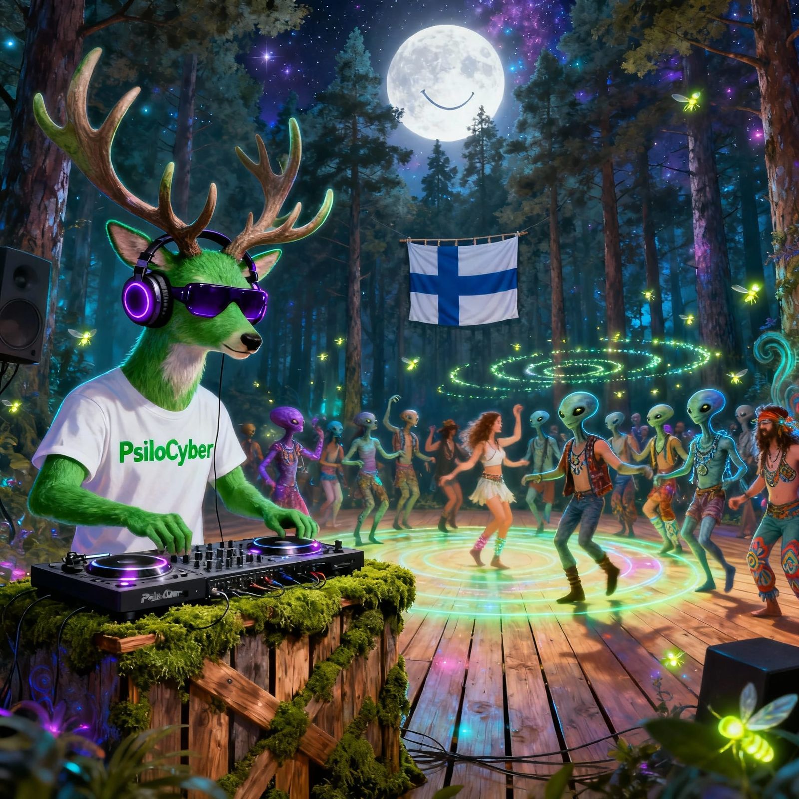 Cyberpunk Reindeer DJ with Aliens and Hippies in Finnish For...