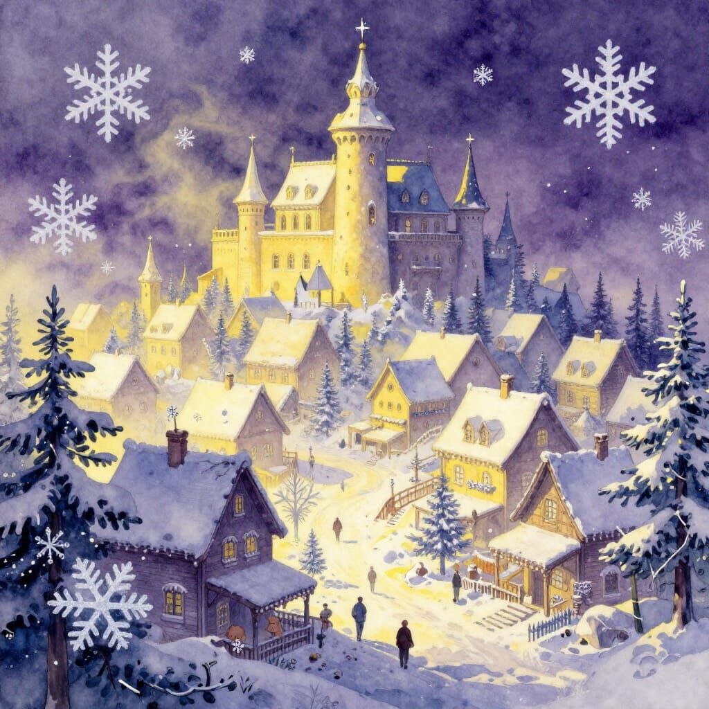 Snowy Village Morning Light in Watercolor Style