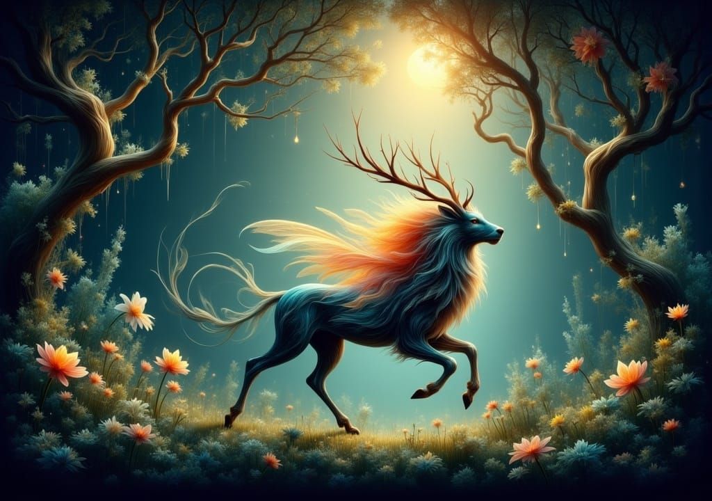 Mythical Iridescent Deer in Ethereal Forest