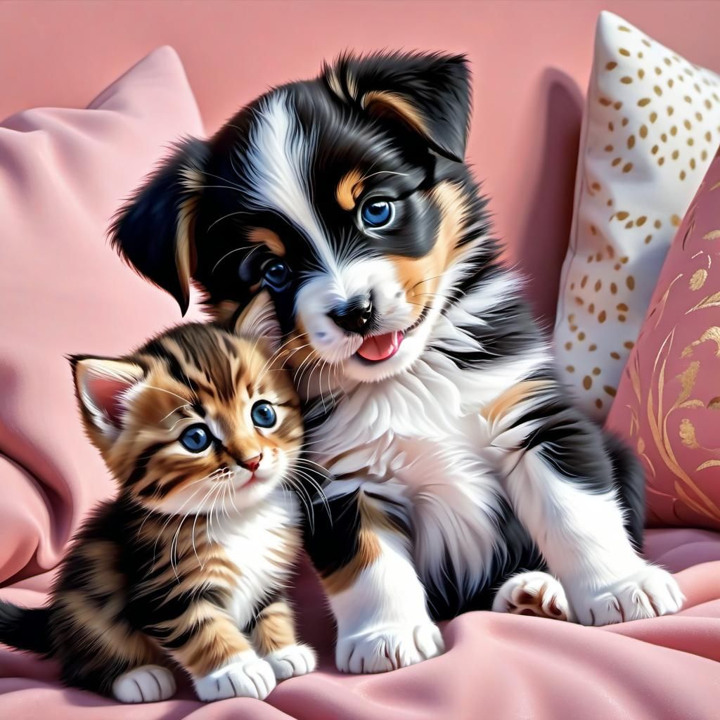 Hyperrealistic Puppy and Kitten Cuddle