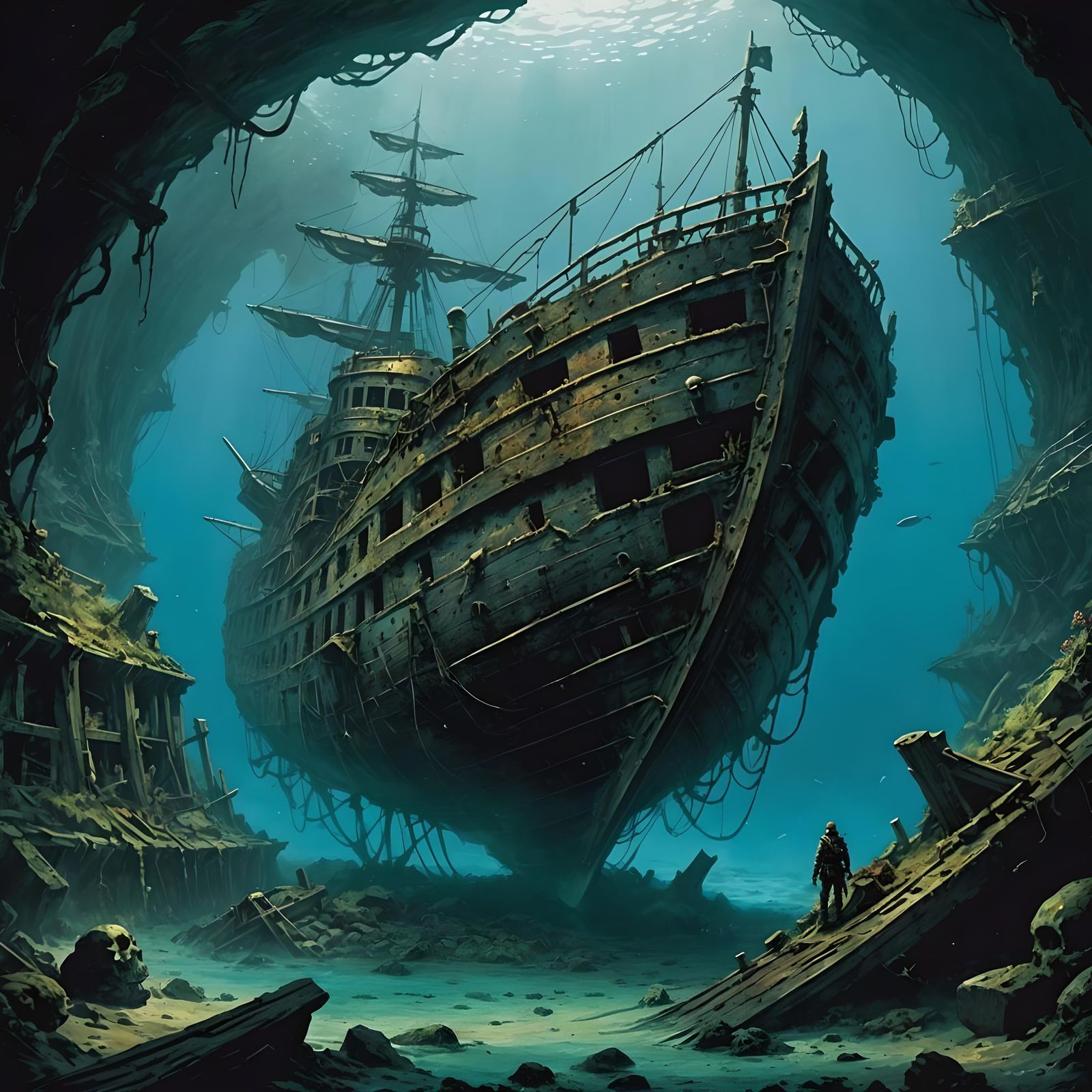 Underwater Shipwreck in Dark Fantasy Comic Style