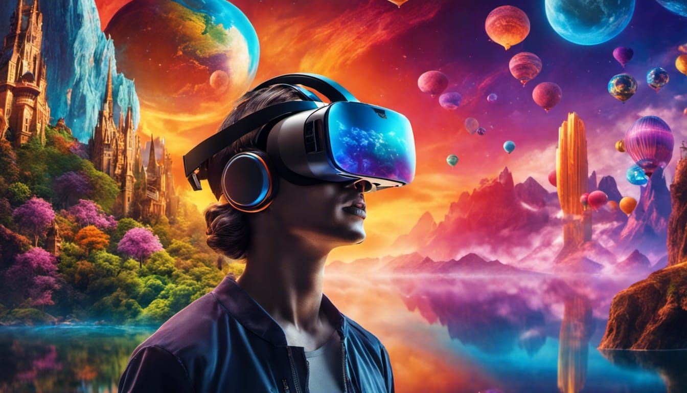 VR Headset Reflecting Vibrant Sci-Fi World