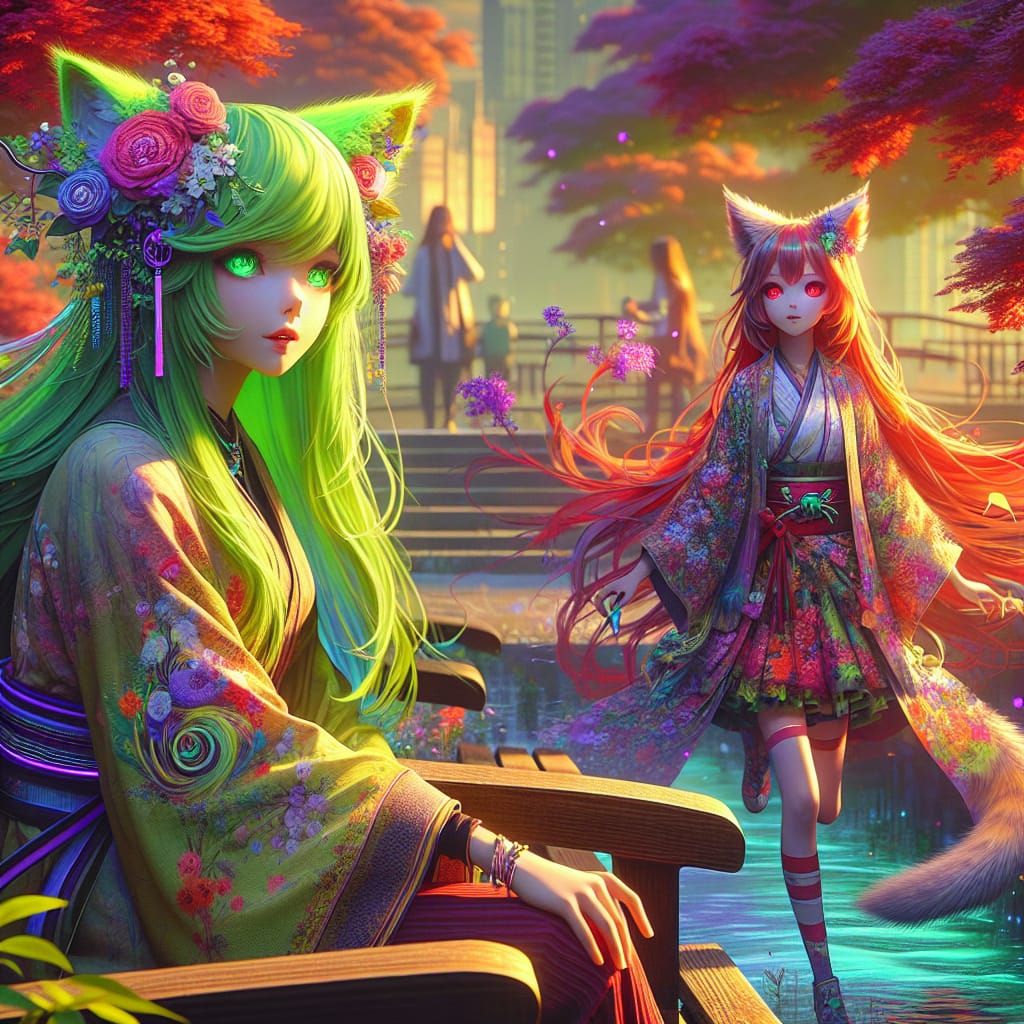 Anime Girls in Park: Detailed Matte Painting